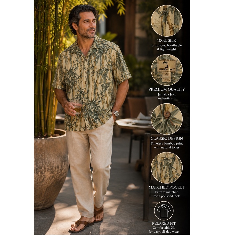 Jamaica Jaxx Mens XL Silk Bamboo Print Shirt Short Sleeve Tan Green Tropical
